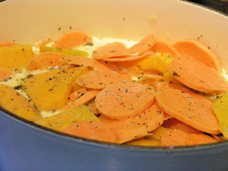 Pumpkin and Yam Slices in Le Creuset Pot